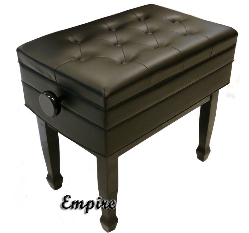 black adjustable piano bench with music storage compartment