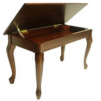 upright piano bench with curved provincial legs and a wood top